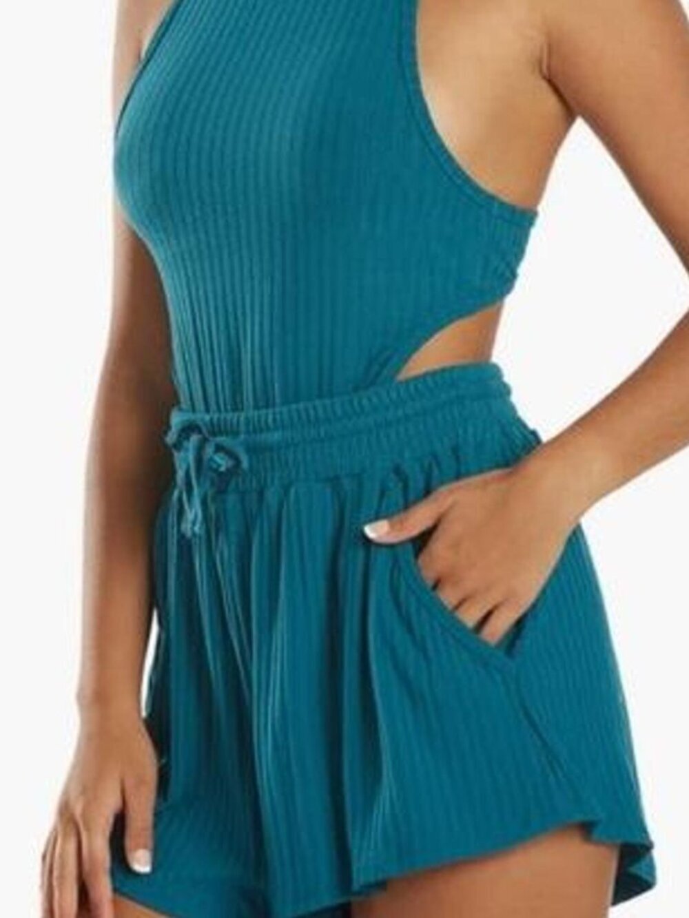 Free People Ribbed Romper Short Teal Blue Womens Size Medium
